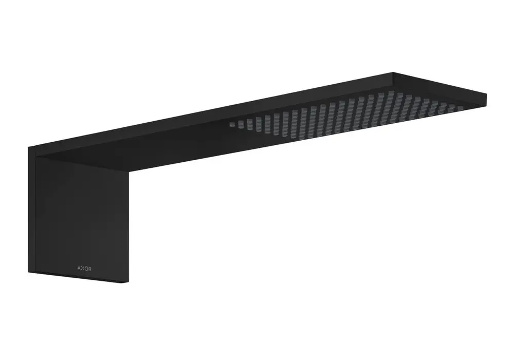 Schwarzes Kopfbrausemodul von AXOR mit rechteckiger Form und einer Vielzahl von Düsen an der Unterseite, montiert an einer Wand.